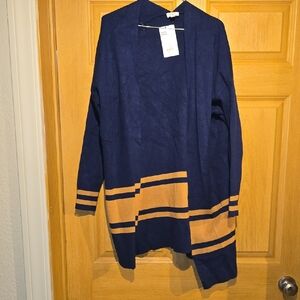 crown & ivy Navy Open-Front Cardigan with Tan Stripe Accents